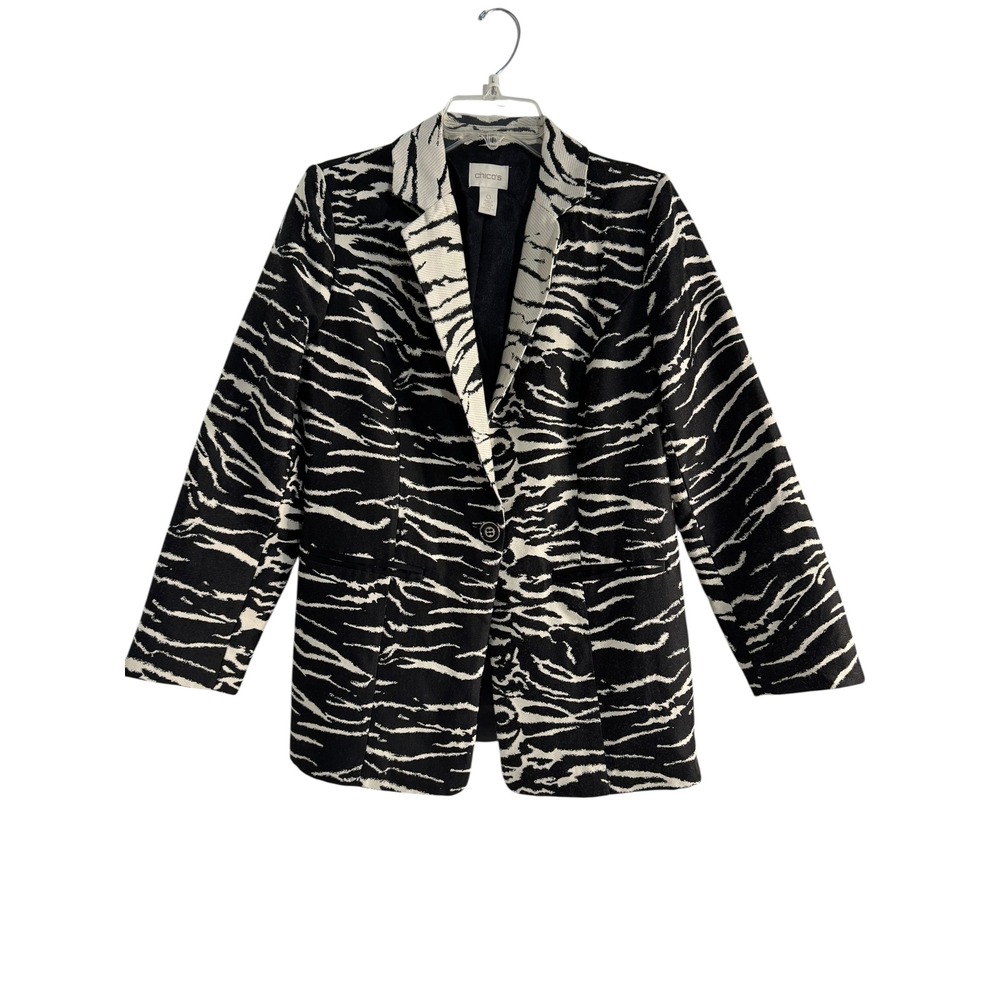 Chicos Zebra Print Blazer Size 0‎ Black and White Cotton Blend Jacket
